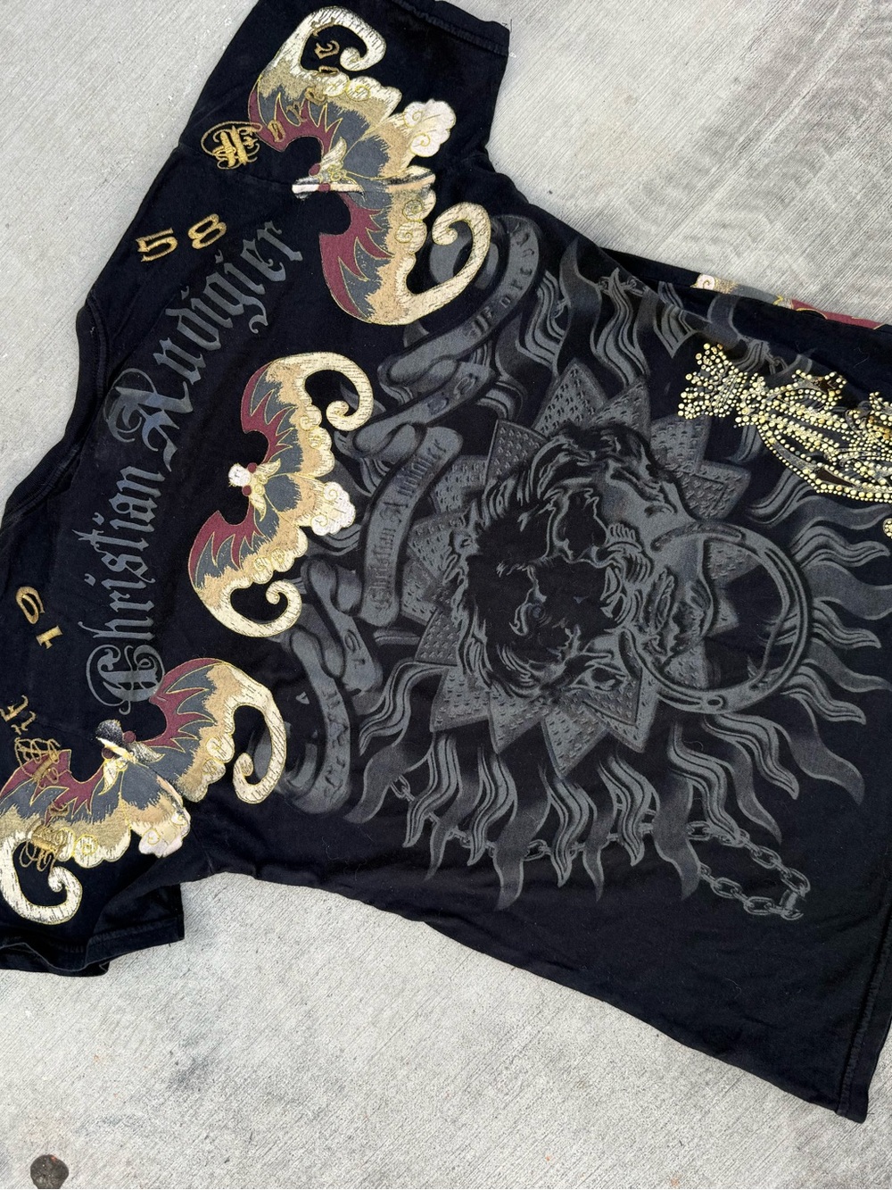 Christian Audigier Black Tee with Gold and Gray Graphic
